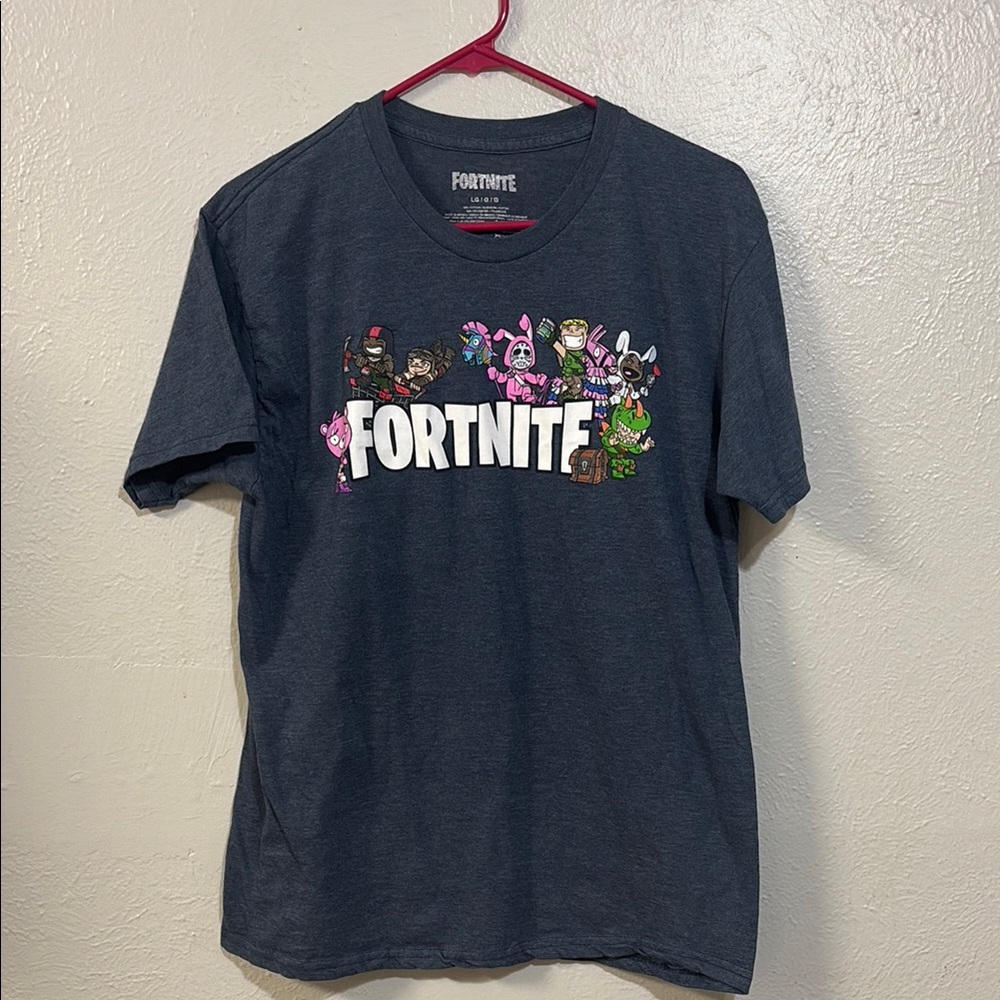Gray Short Sleeve Tee with Fortnite Logo and Colorful Graphics